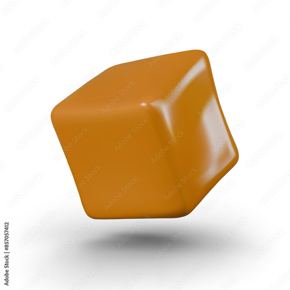 Realistic caramel cube. Sweet toffee on white background. Brown milk candy closeup Realistic caramel cube. Sweet toffee on white background. Brown milk candy closeup