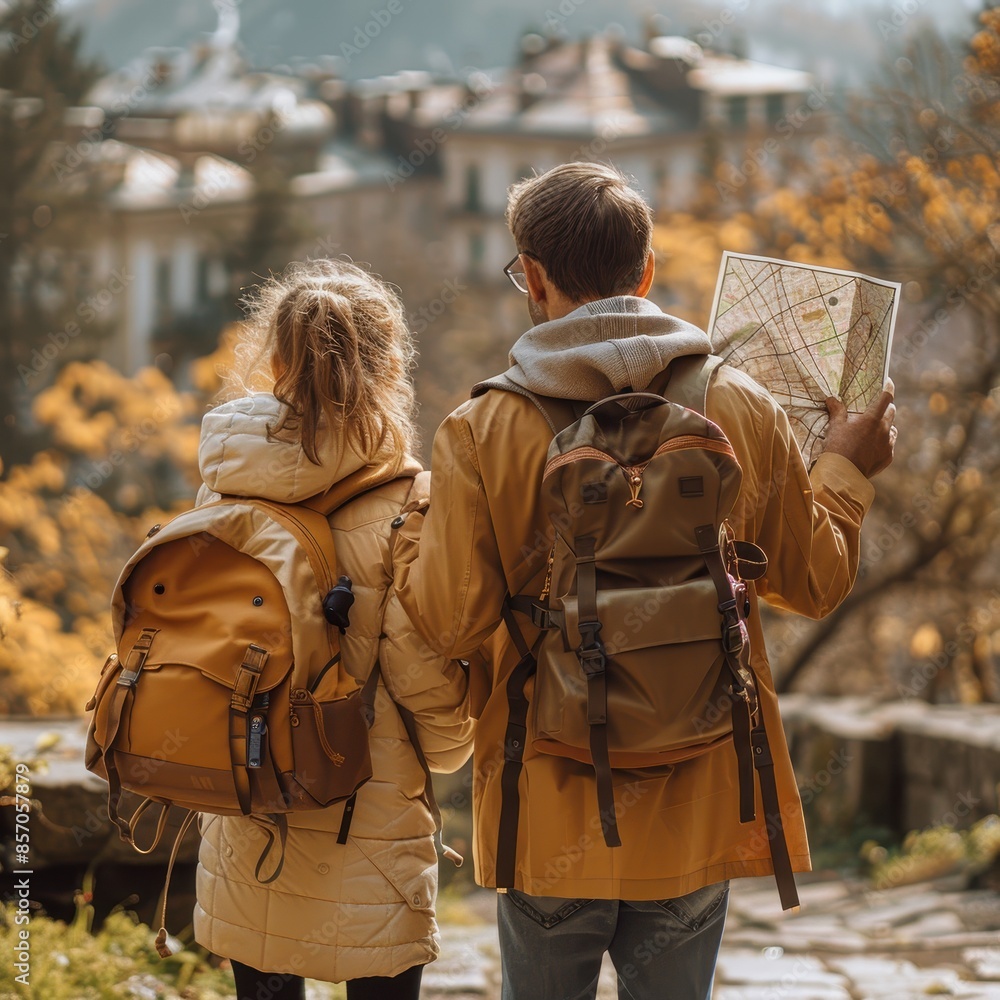 Obraz premium A man and a woman are holding a map and walking together