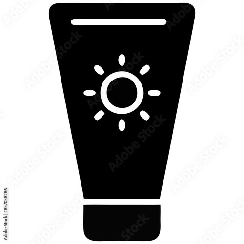 A black and white icon of a sunscreen bottle, symbolizing sun protection and summer care.