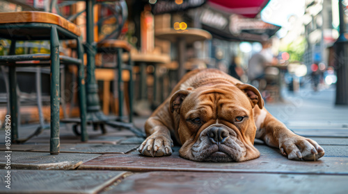 English Bulldog lying on the street at outdoor café with people in the background. Pet friendly spaces concept. Design for poster, banner.