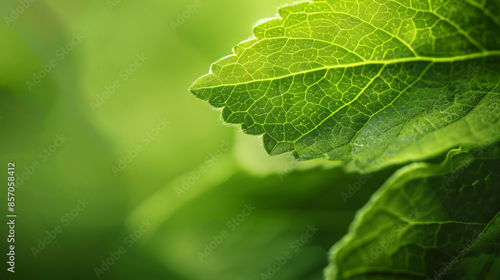 Close-up view of green leaf showing detailed vein structure. Nature and botanical concept. Design for wallpaper, poster, banner, and print. Close-up view of green leaf showing detailed vein structure. Nature and botanical concept. Design for wallpaper, poster, banner, and print.