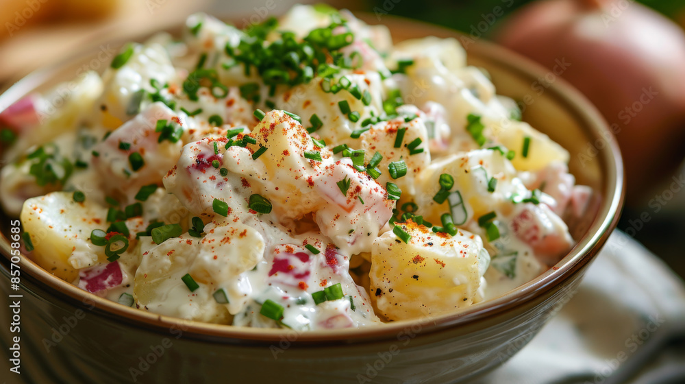 A close-up shot of a bowl filled with creamy potato salad, garnished with chives and paprika. A close-up shot of a bowl filled with creamy potato salad, garnished with chives and paprika.