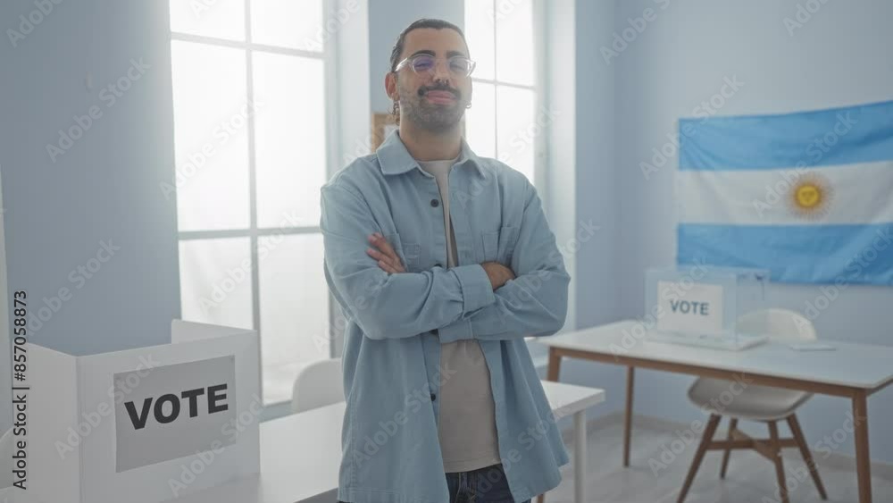 Young man with mustache and glasses standing with crossed arms in an indoor electoral college room with argentinian flag and voting boxes in the background Young man with mustache and glasses standing with crossed arms in an indoor electoral college room with argentinian flag and voting boxes in the background