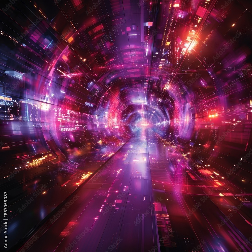 Abstract futuristic tunnel with vibrant neon lights, representing technology and speed in a digital world. Abstract futuristic tunnel with vibrant neon lights, representing technology and speed in a digital world.