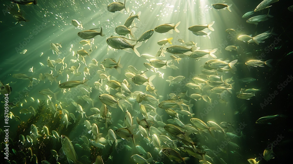 Fototapeta premium Shoals of shimmering silver fish dance in the sunlight, their movements synchronized in a mesmerizing display. Illustration, Minimalism,