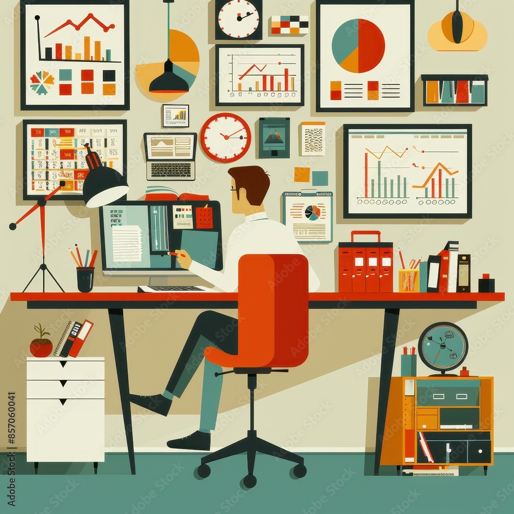 A person working at a desk surrounded by graphs, charts, and office supplies showcasing productivity and data analysis. A person working at a desk surrounded by graphs, charts, and office supplies showcasing productivity and data analysis.