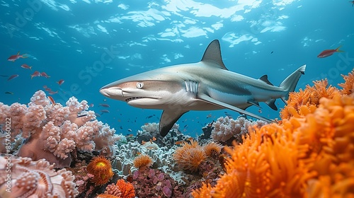 Fototapeta Naklejka Na Ścianę i Meble -  A vibrant reef shark patrols the perimeter of the coral reef, its sleek form a symbol of power and grace. Illustration, Minimalism,