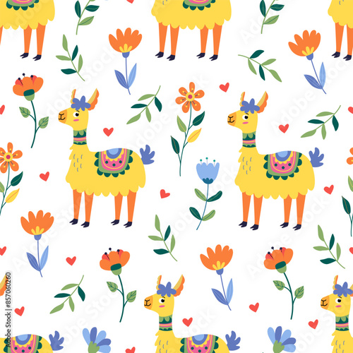 Seamless pattern with funny colorful lamas and flowers on white. Great for fabrics, wrapping papers, wallpapers, covers. Vector illustration in flat style