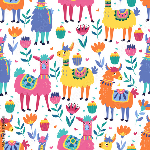 Seamless pattern with funny colorful lamas and flowers on white. Great for fabrics, wrapping papers, wallpapers, covers. Vector illustration in flat style