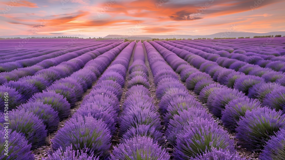 A serene lavender field at sunset showcases rows of purple blooms under a pastel sky. A serene lavender field at sunset showcases rows of purple blooms under a pastel sky.