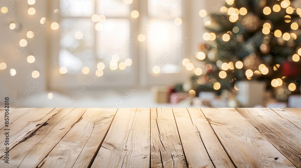 Elegant empty wooden tabletop with abstract warm living room decorated with Christmas tree lighting, blurred snowy background, holiday ambiance, ideal simulated banner for advertising products Elegant empty wooden tabletop with abstract warm living room decorated with Christmas tree lighting, blurred snowy background, holiday ambiance, ideal simulated banner for advertising products