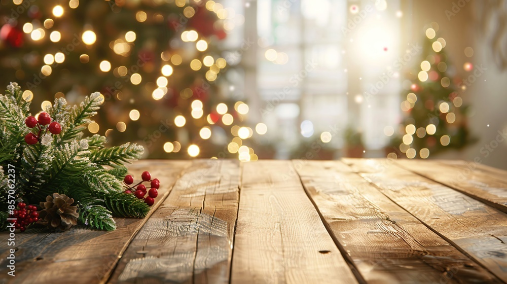 Elegant empty wooden tabletop with abstract warm living room decorated with Christmas tree lighting, blurred snowy background, holiday ambiance, ideal simulated banner for advertising products Elegant empty wooden tabletop with abstract warm living room decorated with Christmas tree lighting, blurred snowy background, holiday ambiance, ideal simulated banner for advertising products