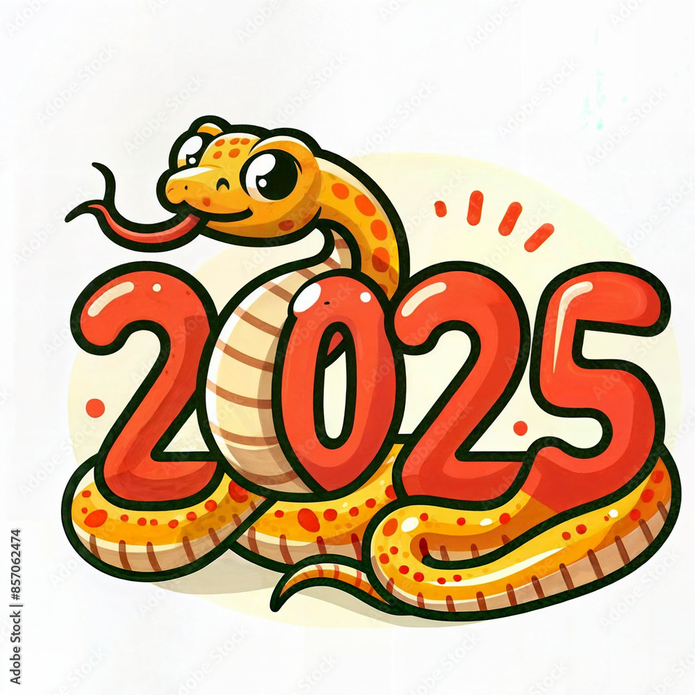 Fototapeta premium of a snake with the numbers 2025 written on it, cartoon, flat, isolated 