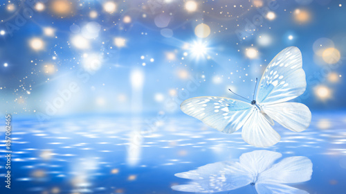 White butterfly with blue bokeh background evokes magic and wonder for winter holidays. 