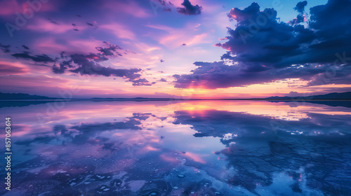 one vast salt lake, with blue and purple sky and white clouds in the background. The reflection of the two sides under the clear water creates a surreal scene.  photo