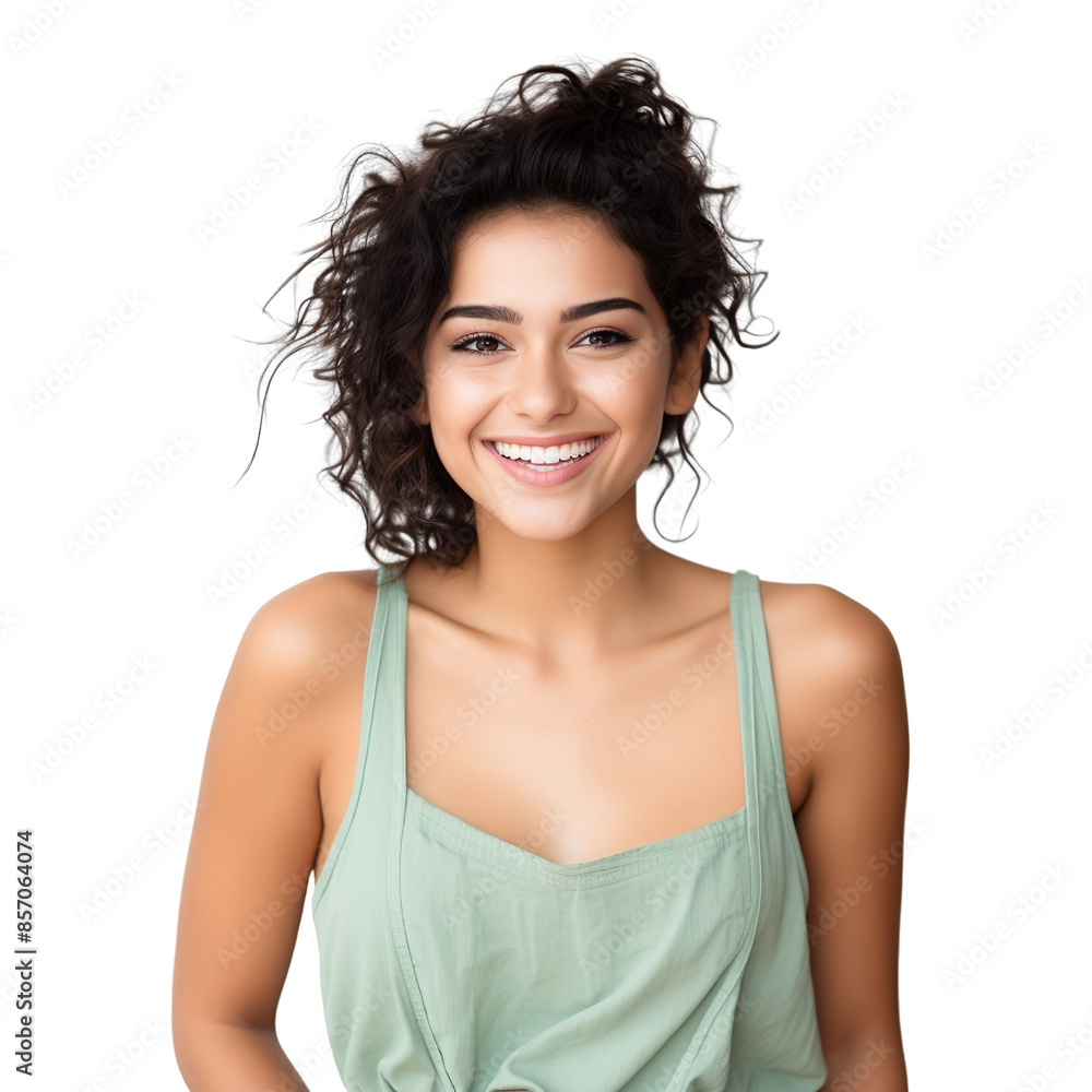 Front view mid shot of a beautiful Latin woman dressed in a mint green tank top and denim overalls, isolated on a white transparent background Front view mid shot of a beautiful Latin woman dressed in a mint green tank top and denim overalls, isolated on a white transparent background
