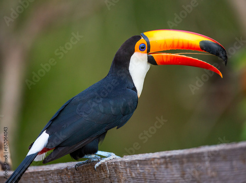 Portrait of Toco toucan (Ramphastos toco) with a big colored beak. Close-up. Brazil. Pantanal.