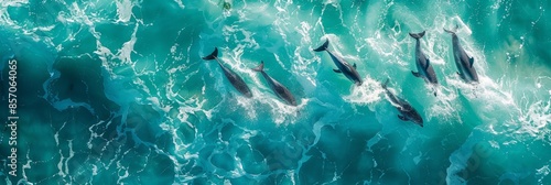 An aerial photograph capturing a group of dolphins playing and swimming in the turquoise waters of a vibrant ocean