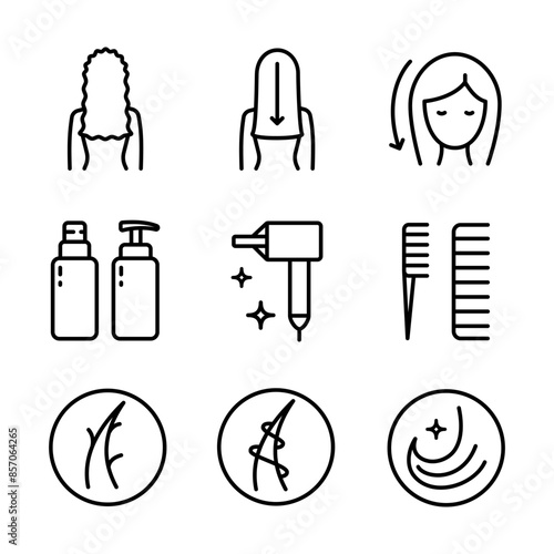 Hair straightener icons set for hair care treatment and beauty or woman salon, outline vector. Hair straightener appliance for female haircut straightening and haircare cosmetic treatment symbols