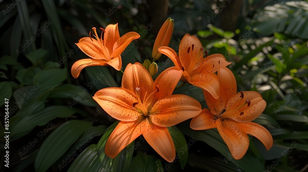Vibrant Orange Lily Flowers Blooming in a Lush Garden Setting Vibrant Orange Lily Flowers Blooming in a Lush Garden Setting