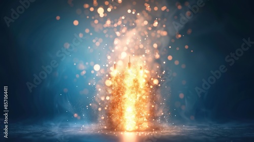 A fiery explosion with glowing particles against a dark blue background.  Photographic abstract with space for text.