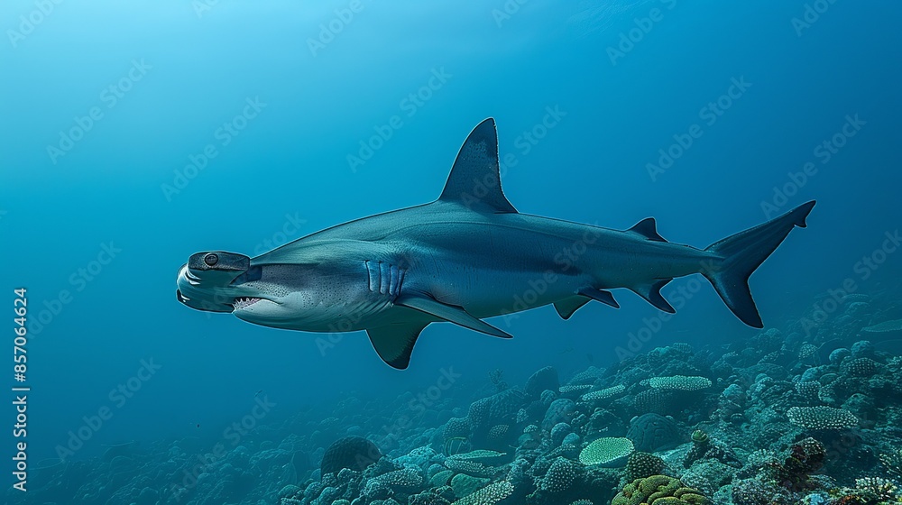 Naklejka premium A solitary hammerhead shark patrols the reef, its distinctive silhouette a silhouette against the azure water. Illustration, Minimalism,