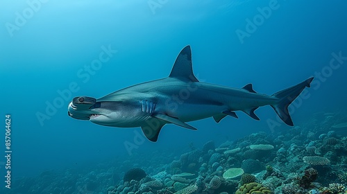 Wallpaper Mural A solitary hammerhead shark patrols the reef, its distinctive silhouette a silhouette against the azure water. Illustration, Minimalism, Torontodigital.ca