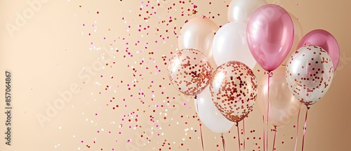 Pastel balloons and shimmering confetti on a soft peach background photo
