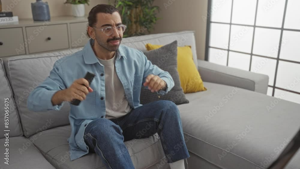 Young man excitedly celebrating in his living room while watching something on tv indoors, showcasing joy and energy at home Young man excitedly celebrating in his living room while watching something on tv indoors, showcasing joy and energy at home
