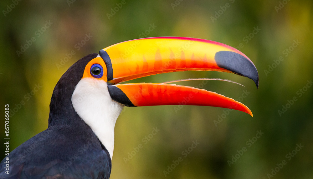 Portrait of Toco toucan (Ramphastos toco) with a big colored beak. Close-up. Brazil. Pantanal.
Portrait of Toco toucan (Ramphastos toco) with a big colored beak. Close-up. Brazil. Pantanal.