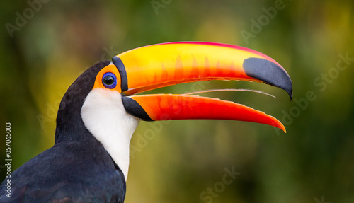 Portrait of Toco toucan (Ramphastos toco) with a big colored beak. Close-up. Brazil. Pantanal.  © gudkovandrey