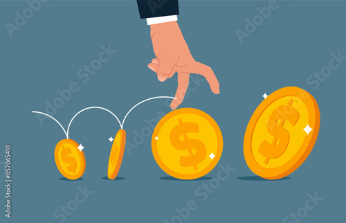 Human hand running on gold coins arranged in a row. Extensive financial or economic growth. Profit from the stock market or investment. Flat vector illustration.