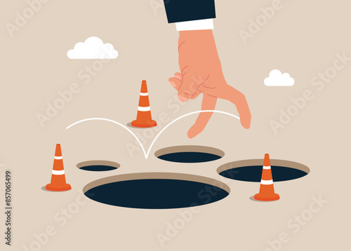 Human hand Jump pass many pitfalls and brave to jump pass mistake and failure, creativity to solve problem concept. Flat vector illustration.