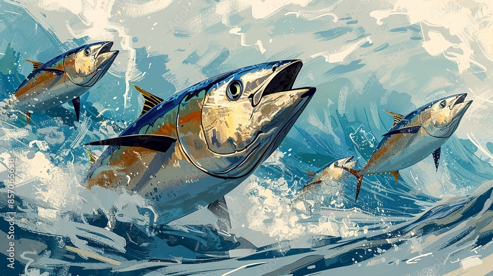 A school of silvery tuna darts through the water, their streamlined bodies slicing through the waves with ease. Illustration, Minimalism, A school of silvery tuna darts through the water, their streamlined bodies slicing through the waves with ease. Illustration, Minimalism,