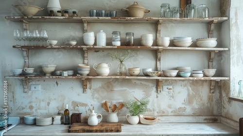 french farmhouse decor, classic french design with distressed white shelves and ceramic decorations adds a provencal touch to the kitchens interior