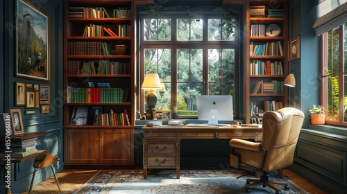 A stylish home office with a large desk  a comfortable chair  and shelves filled with books and decor  productive atmosphere  illustration background