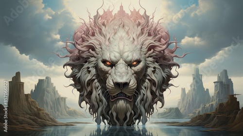A surreal composition of a lion with multiple heads, each representing different aspects of its personality, against a backdrop of surreal landscapes 