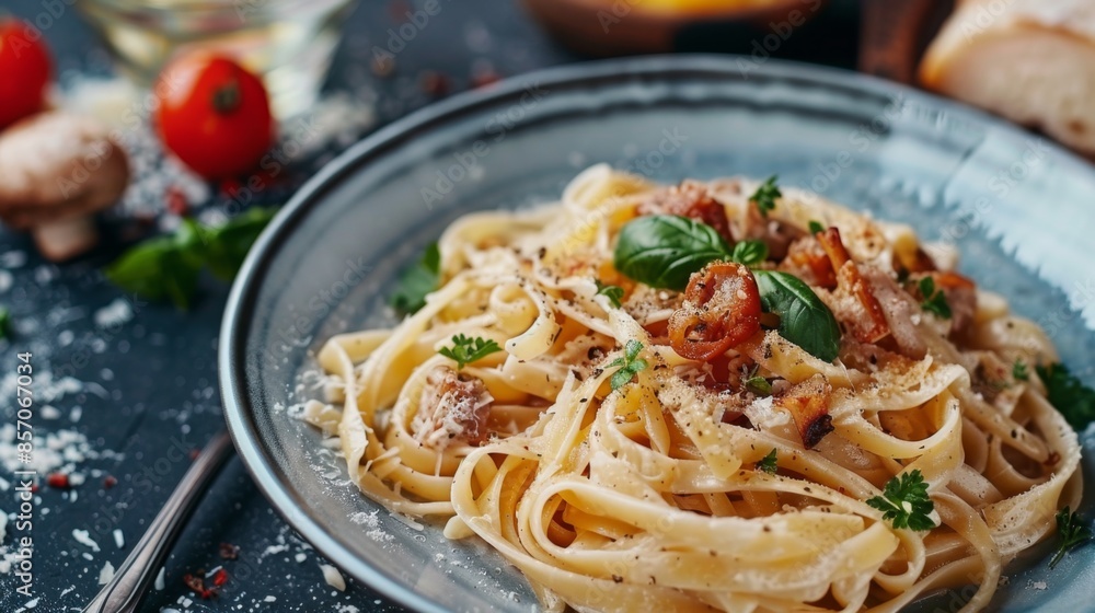 Delicious pasta dish prepared with freshly harvested mushrooms, detailed and appetizin Delicious pasta dish prepared with freshly harvested mushrooms, detailed and appetizin