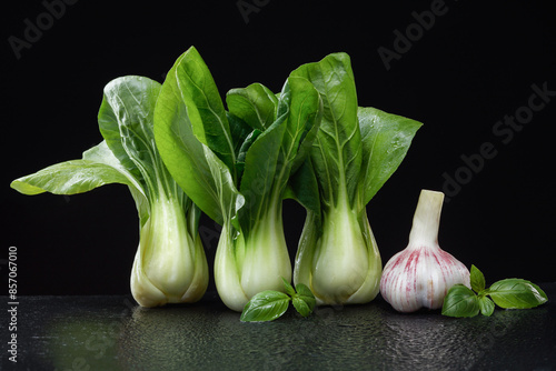 Bok choy (chinese cabbage) on a black background.  Bok choy vegetable, basilic and garlic. photo