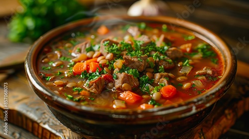 A bowl of soup with meat and vegetables. photo