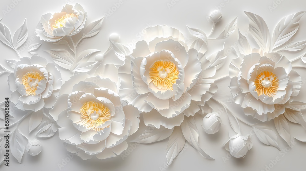 White paper carving peony flowers illustration poster background White paper carving peony flowers illustration poster background