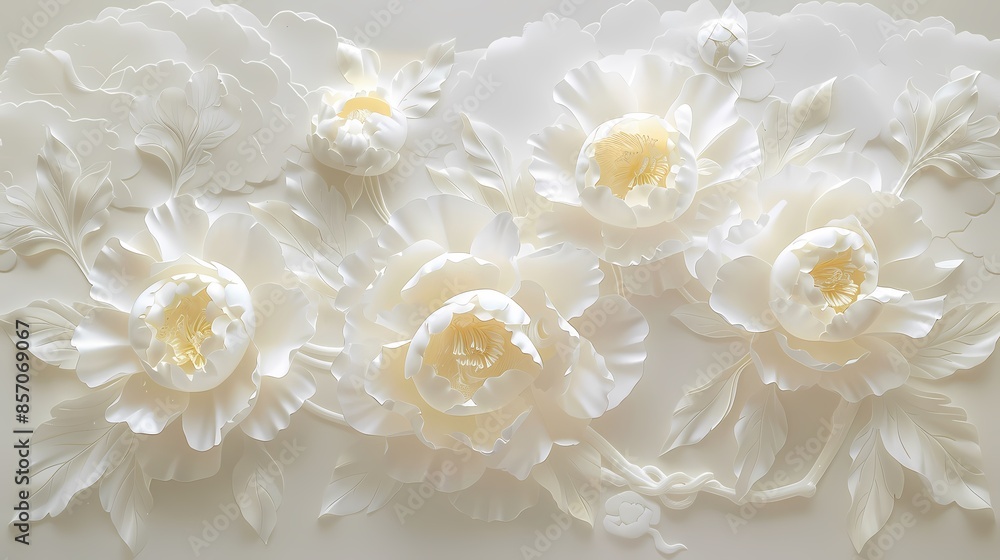 White paper carving peony flowers illustration poster background White paper carving peony flowers illustration poster background