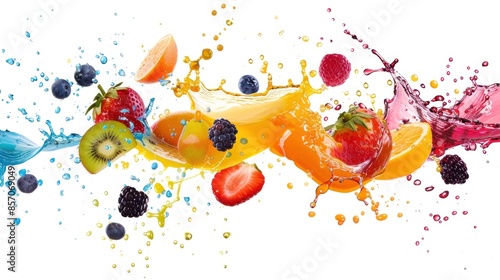 Vibrant Burst of Fruit Juices in Motion on White Background Generative AI