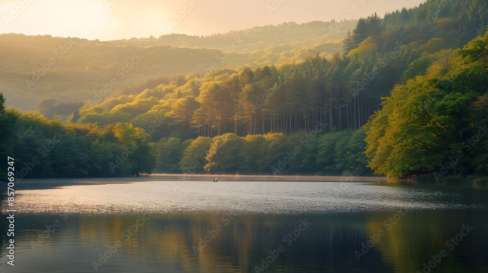 Serene Forest Lake at Golden Hour with Majestic Mountain Backdrop Serene Forest Lake at Golden Hour with Majestic Mountain Backdrop