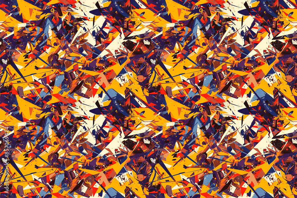 Dynamic seamless pattern with vibrant geometric paint splashes in blue, yellow, and red, creating a striking tile ornament ideal for bold decoration and modern design concepts Dynamic seamless pattern with vibrant geometric paint splashes in blue, yellow, and red, creating a striking tile ornament ideal for bold decoration and modern design concepts