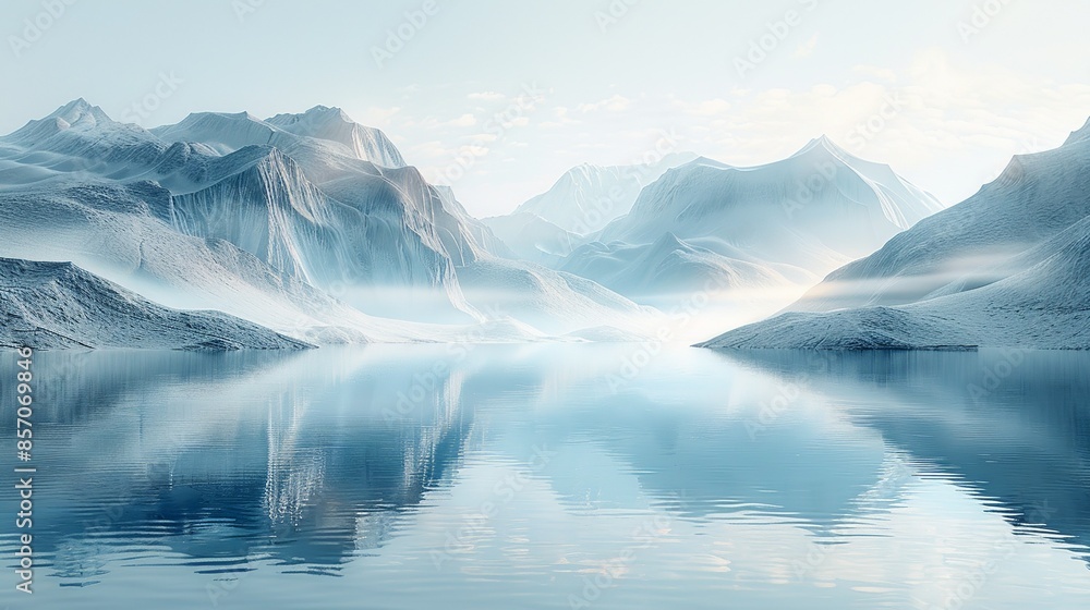 Fototapeta premium A shimmering veil of mist concealing a hidden oasis, its tranquil waters reflecting the surreal beauty of the dreamscape. Illustration, Minimalism,