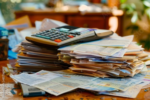 The chaos and order of an accounting office at the end of the fiscal year are captured in a scene where a wooden desk is overwhelmed with scattered papers