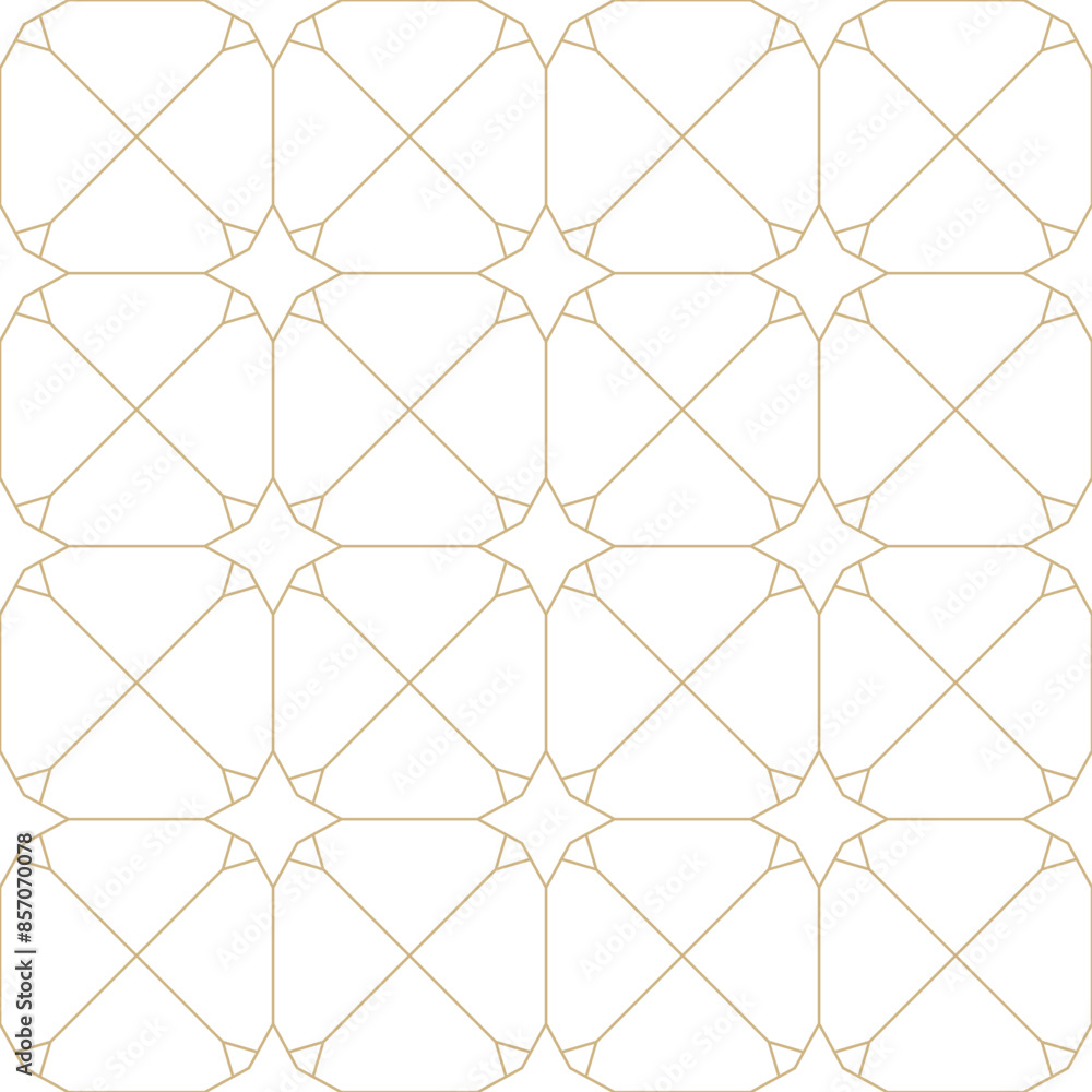 Naklejka premium Linear stars tile seamless pattern. Golden line stars on white diamond pattern. Light geometric celestial background.