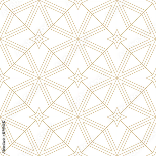 Linear seamless pattern with stars. Golden line art diamond pattern tiles. Art deco geometric celestial white background