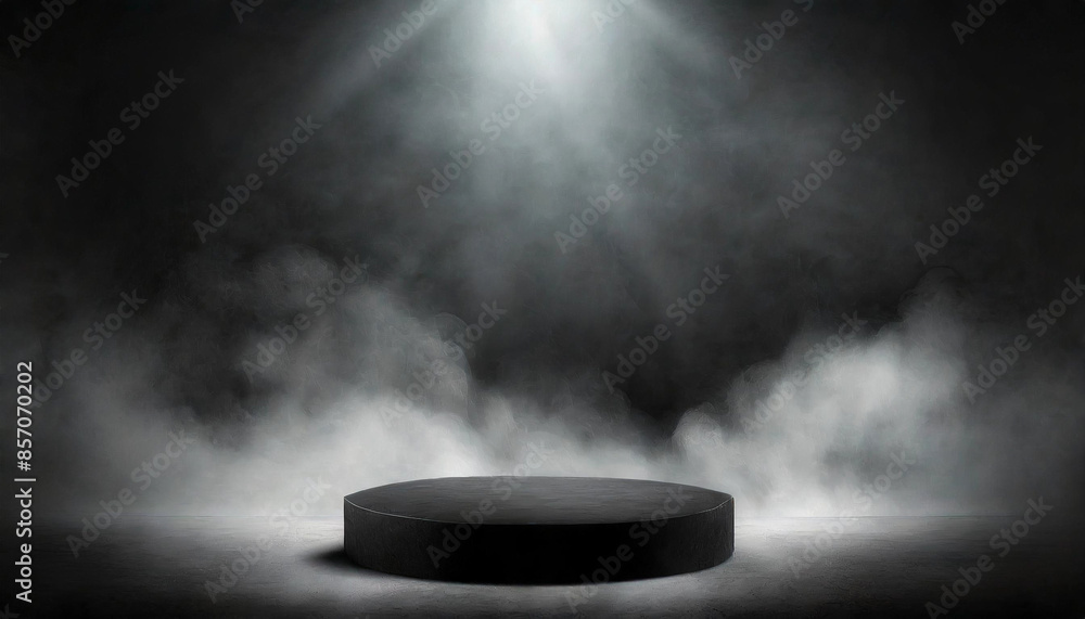 black podium emerges from a dark smoky background, enveloped in fog and illuminated by a dramatic spotlight, creating an abstract stage with a textured and mysterious ambiance black podium emerges from a dark smoky background, enveloped in fog and illuminated by a dramatic spotlight, creating an abstract stage with a textured and mysterious ambiance